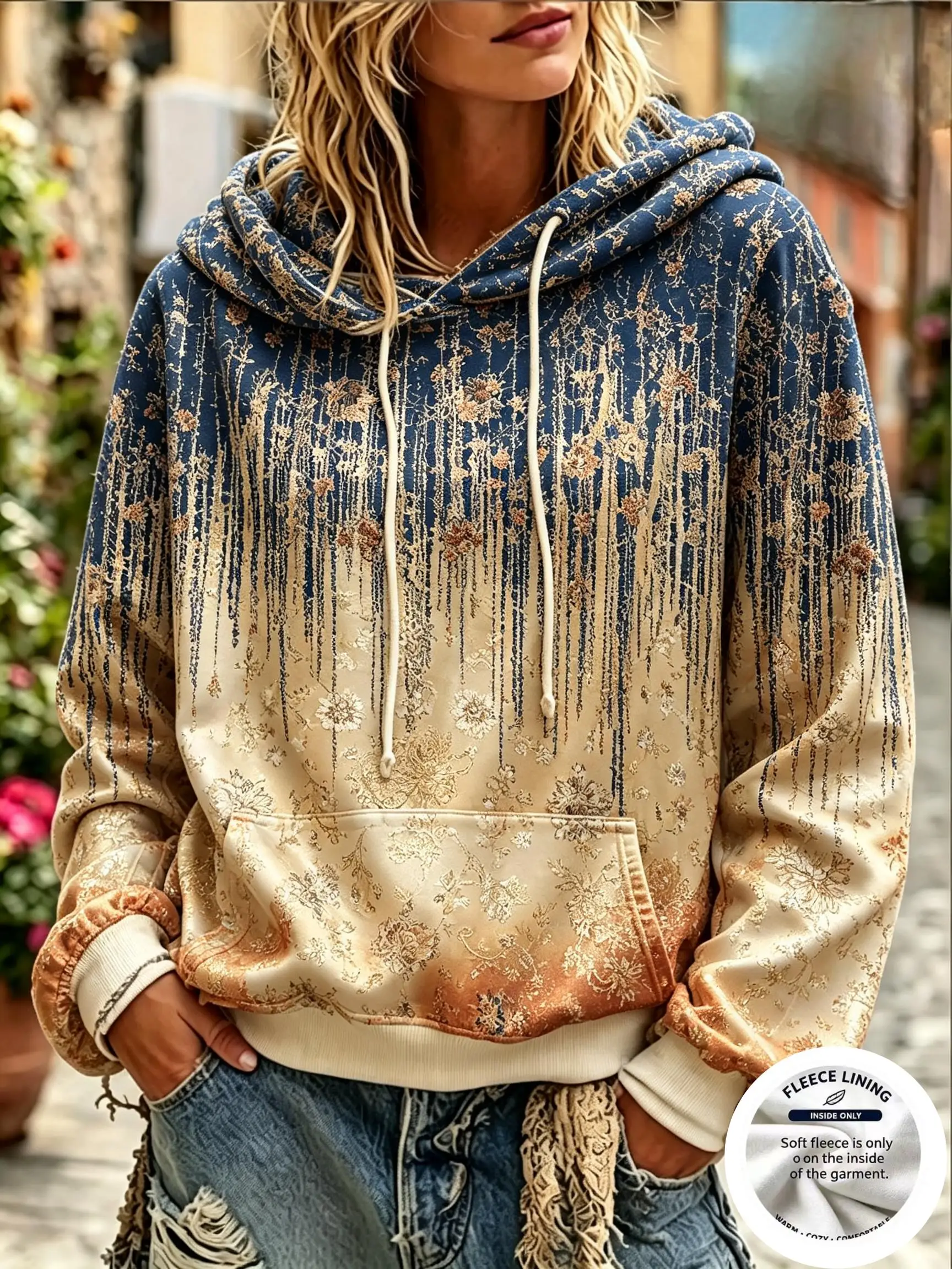 Women Fleece Hoodie Vintage Gradient Floral Print Boho Long Sleeve Pullover