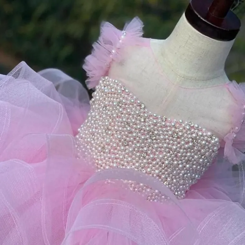 Baby Girl Princess Pearl Tutu Dress Sleeveless Child Vintage Vestido Bow Party Wedding Pageant Birthday Baby Clothes 1-10Y