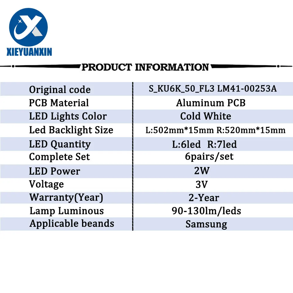 6 par/zestaw 3V listwa oświetleniowa LED do Samsung 50 cali S_KU6K_50_FL3 LM41-00253A naprawa telewizora UE48JU6000 UA48JU5900 UA48JU6060