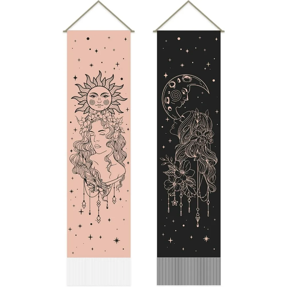 2Pcs Sun and Moon Goddess Tapestry Black and Pink Long Vertical Tapestry Wall Hanging Starry Sky Flower Decoration Goddess