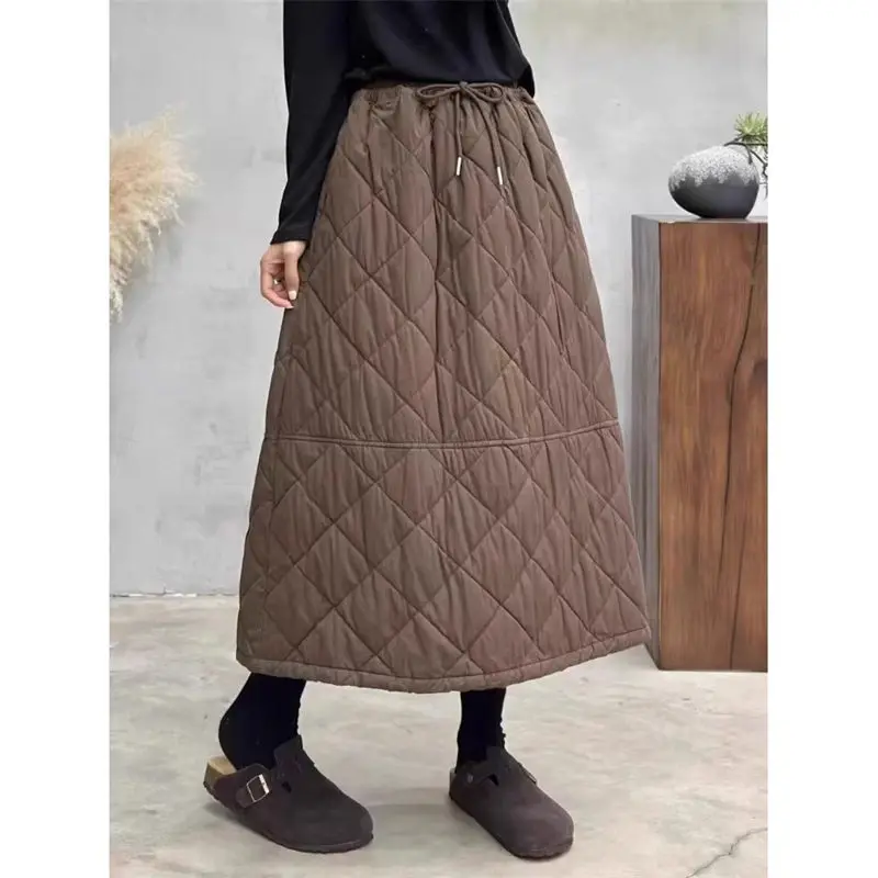 Women's Retro Art Quilted Skirt with Elastic Waist Cotton Blend Loose Fit for Autumn Winter Casual Versatile Skirt A473