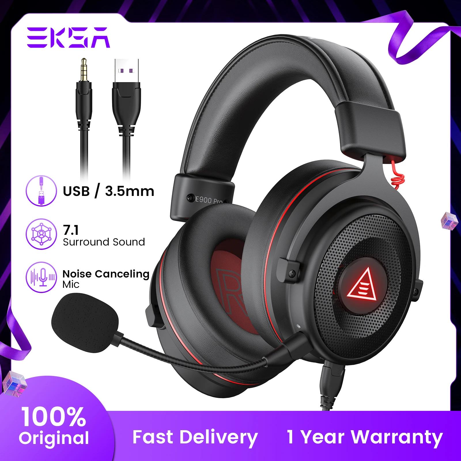 EKSA E900-Pro Virtual 7.1 Gaming Headset Deep Bass Over-Ear Headphones With Pluggable Mic Noise Isolated For PC/Phone/PS4/XBox