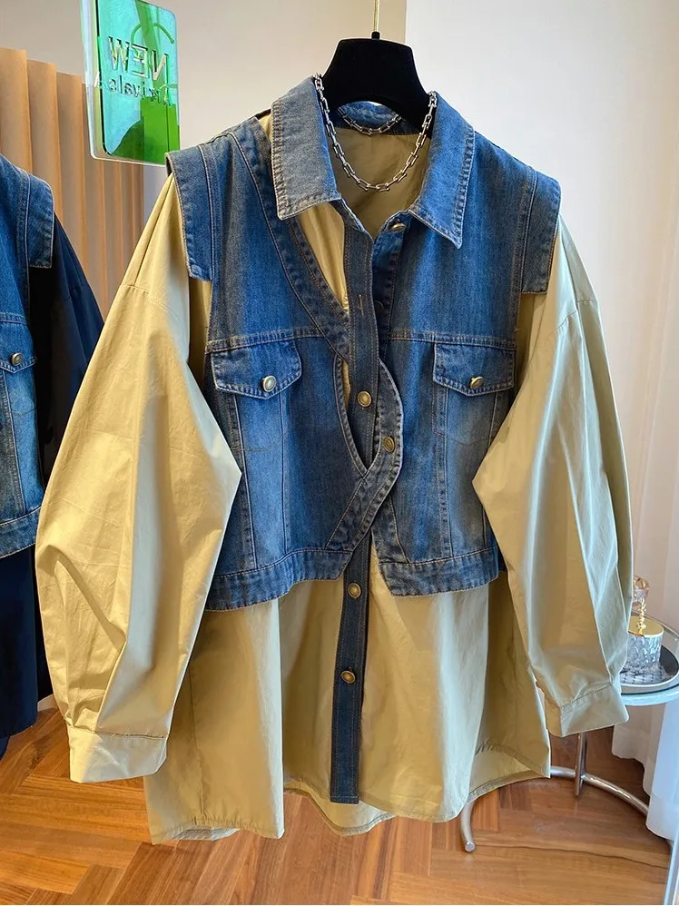 

Oversize Denim Shirt Jacket Casual Patchwork Breathable Long Sleeve Men's Women's Spring Autumn Loose Fit Vintage Style