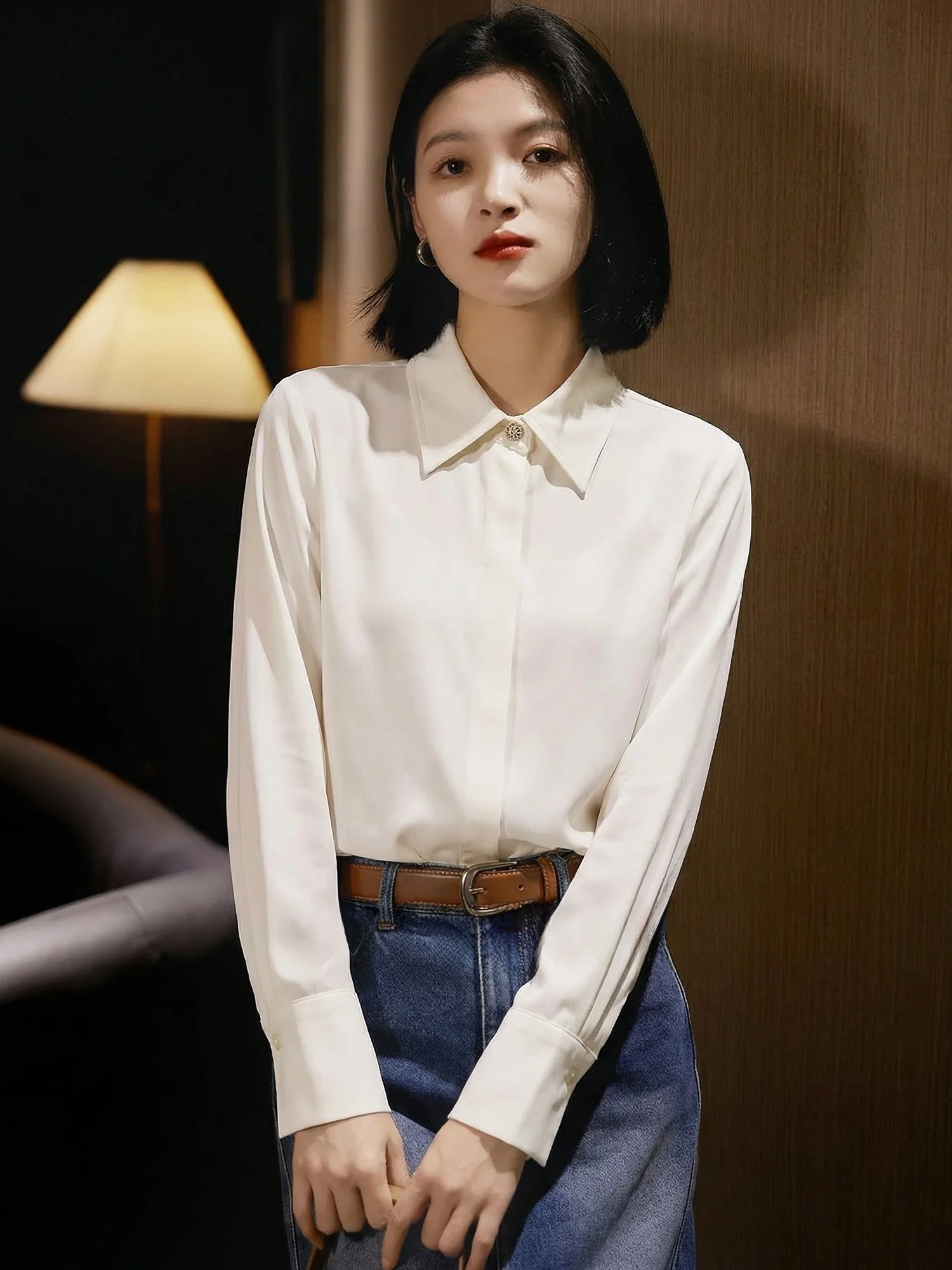 

Chivirin Women's Long Sve Satin irt Stand Collar Inner Wear Casual Loose Fit Breathable Comfortable Spring Faion