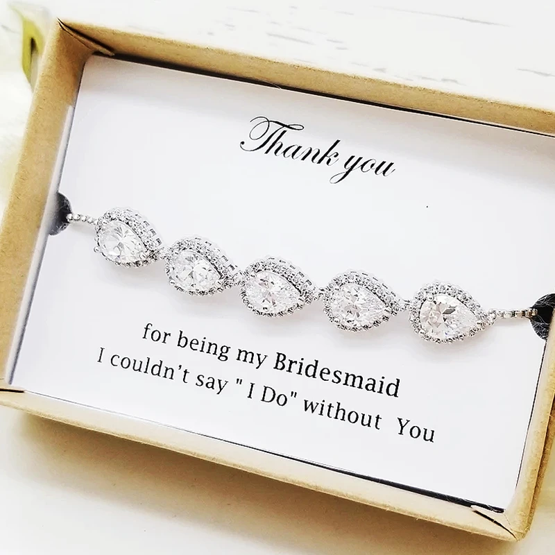 Personalized Silver Teardrop Bracelet, Cubic Zirconia Slide, Adjustable Bracelet, Bridesmaid Gift,Wedding Party, Flower Girl