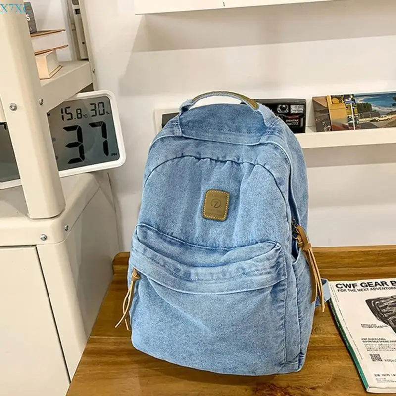 

X7XC Large Capacity Backpack Student School Bag Japanese Styles Denims Backpack