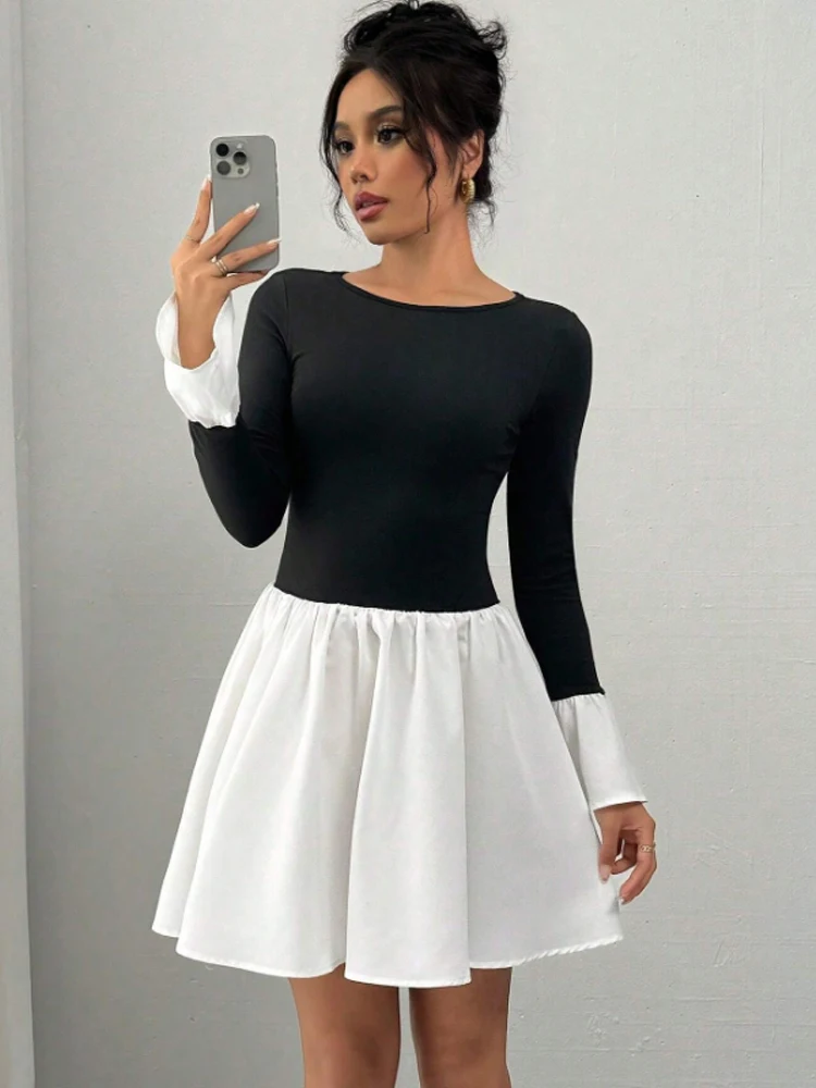 New Elegant Black White Stitching Round Neck Long Sleeve Pleated Simple Short Dress Women's Fashion Items Party Dresses Prom