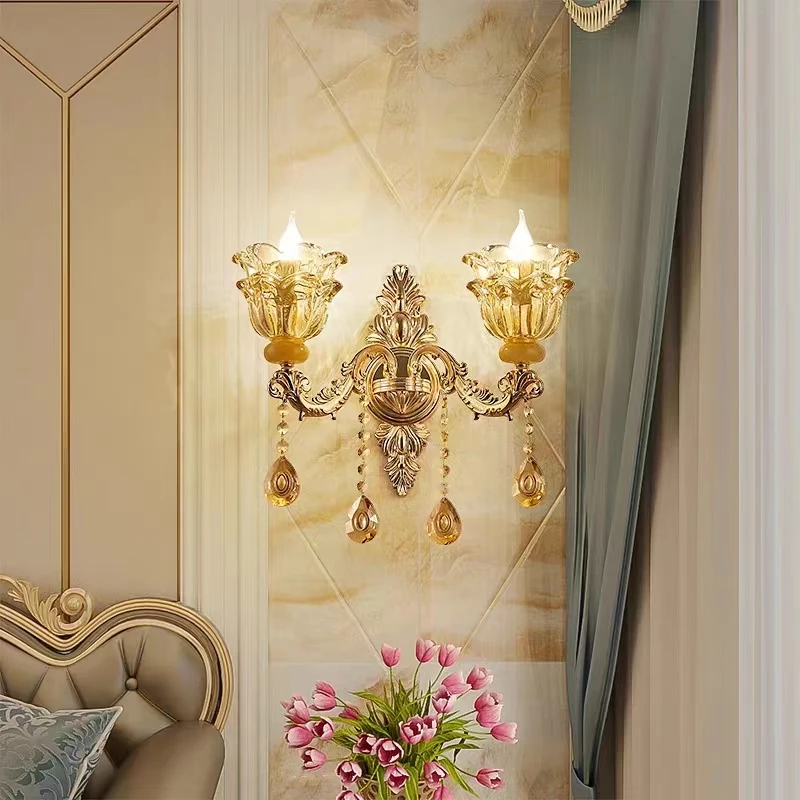 Gold Crystal Wall Lamp Modern Bedroom Bedside Luminaire French Creative Personality Staircase Hallway Glass Lampshade Wall Light