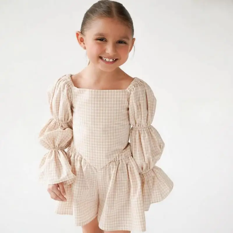 2026 Summer New Children Long Sleeve Clothes Set Girls Fashion Irregular Lace Up Tops + Plaid Culottes 2pcs Suit Kids Outfits
