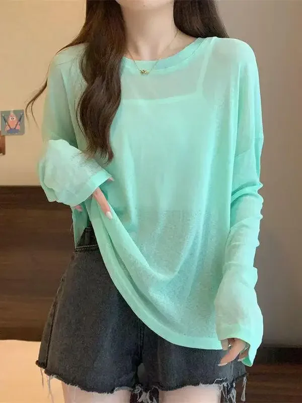 T-shirt a maniche lunghe sottile primavera/estate da donna con protezione solare in seta di ghiaccio grande 2025 Camicia con copertura esterna comfort Top ampio stile pigro