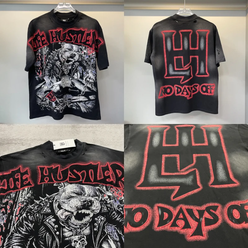 2026 New LIFE HUSTLERS Short Sleeved American Bulldog Printed T-shirt High Street Loose Top LIFE HUSTLERS Men's Clothing