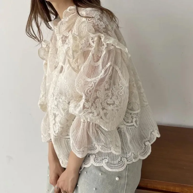 Spring Autumn New Women Lace Embroidered Shirt and Straps 2 Piece Sets Fashion Stand-up Collar Ruffles Long Sleeve Blouse Tops