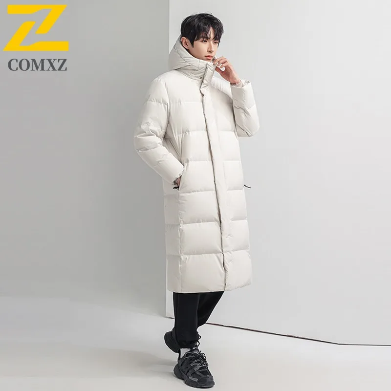 COMXZ Men's Down Jacket 2025 Long Trendy Windproof Casual Skiing Puffer Jacket Street Versatile Solid Color Hooded Winter Jacket