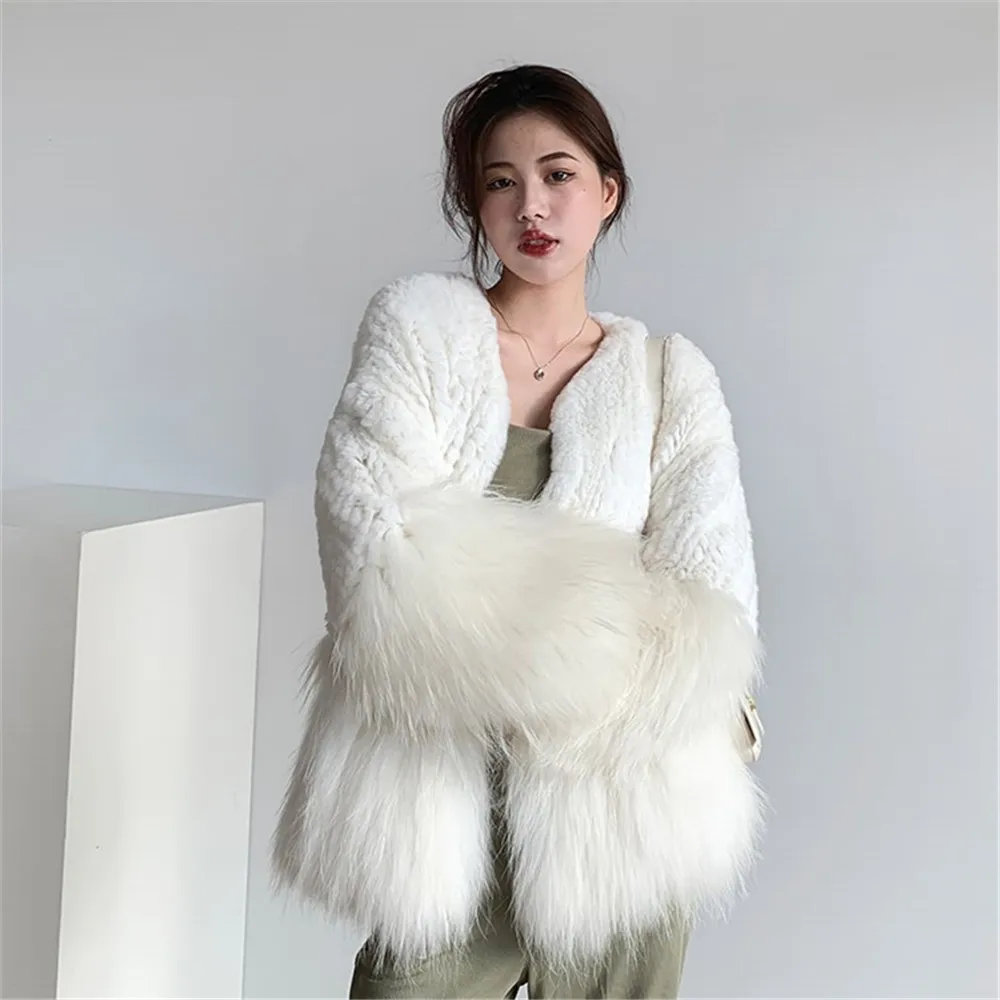 Women'S Rex Rabbit Splicing , Raccoon Hair, Woven Fur Coat, Warm, Solid Color, Autumn And Winter Fashion, New, 2024