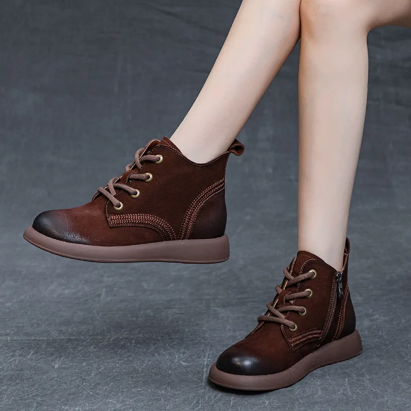 New Women's Genuine Leather Short Boots Retro Flat Bottom Soft Bottom Cowhide Bare Boots