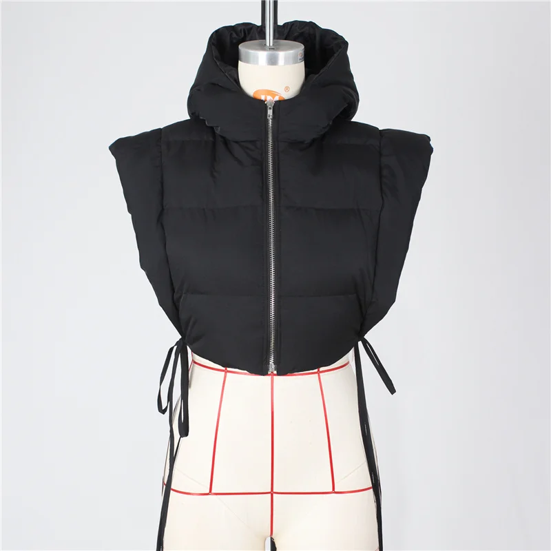 Sexy Harajuku Cropped Puffer Jacke Frauen Winter Frühling Sleeveless Zipper Rollkragen Hoodies Mantel Side Lace-up Y2K Blase Mäntel