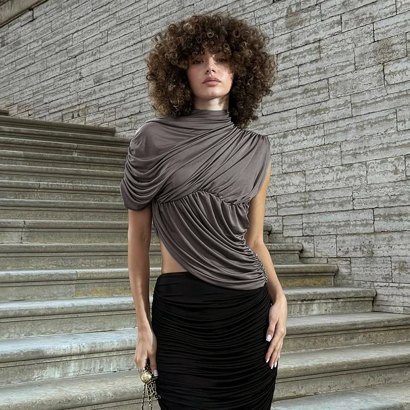 CUTENOVA المرأة الجديدة الصيف الخريف بلون عالية الرقبة التجاعيد غير المتكافئة جانب واحد يتعرض الخصر عادية تانك تي شيرت