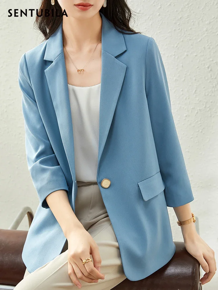 SENTUBILA Office Lady Solid Blazer Professional Three Quarter Sleeve Straight Business Suit Jacket Blazer For Women 101X29035