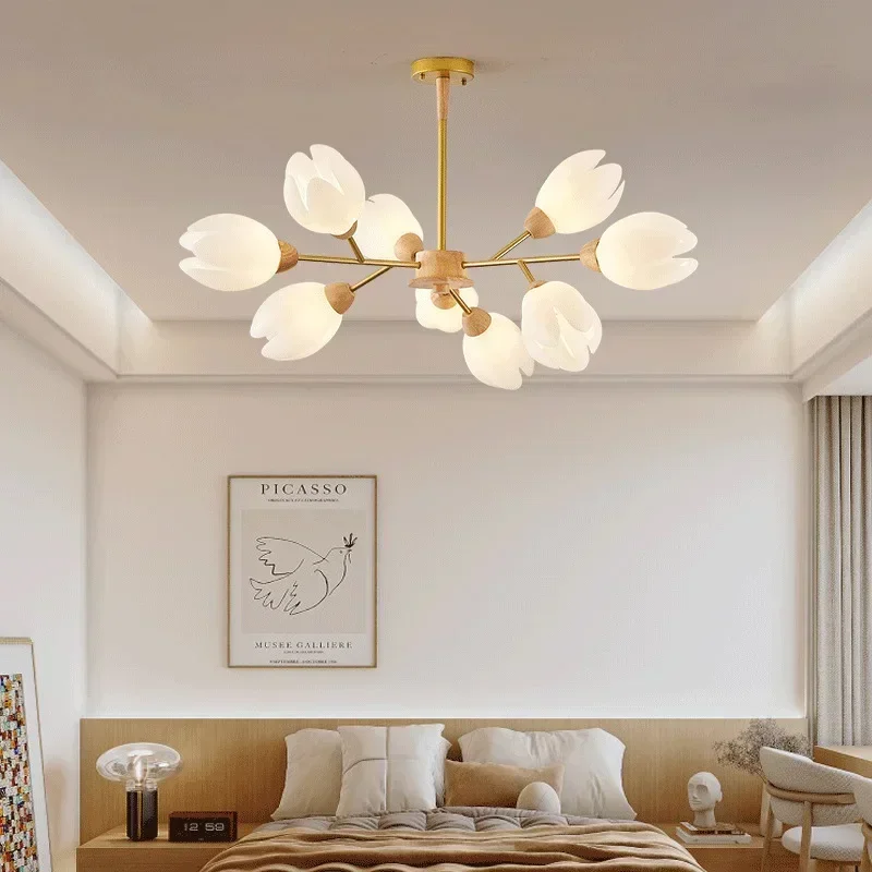 White Flower Pendant Lights Living Room Bedroom Kitchen Island Hanging Lamps Minimalist Wood Chandeliers for Room Decor LED