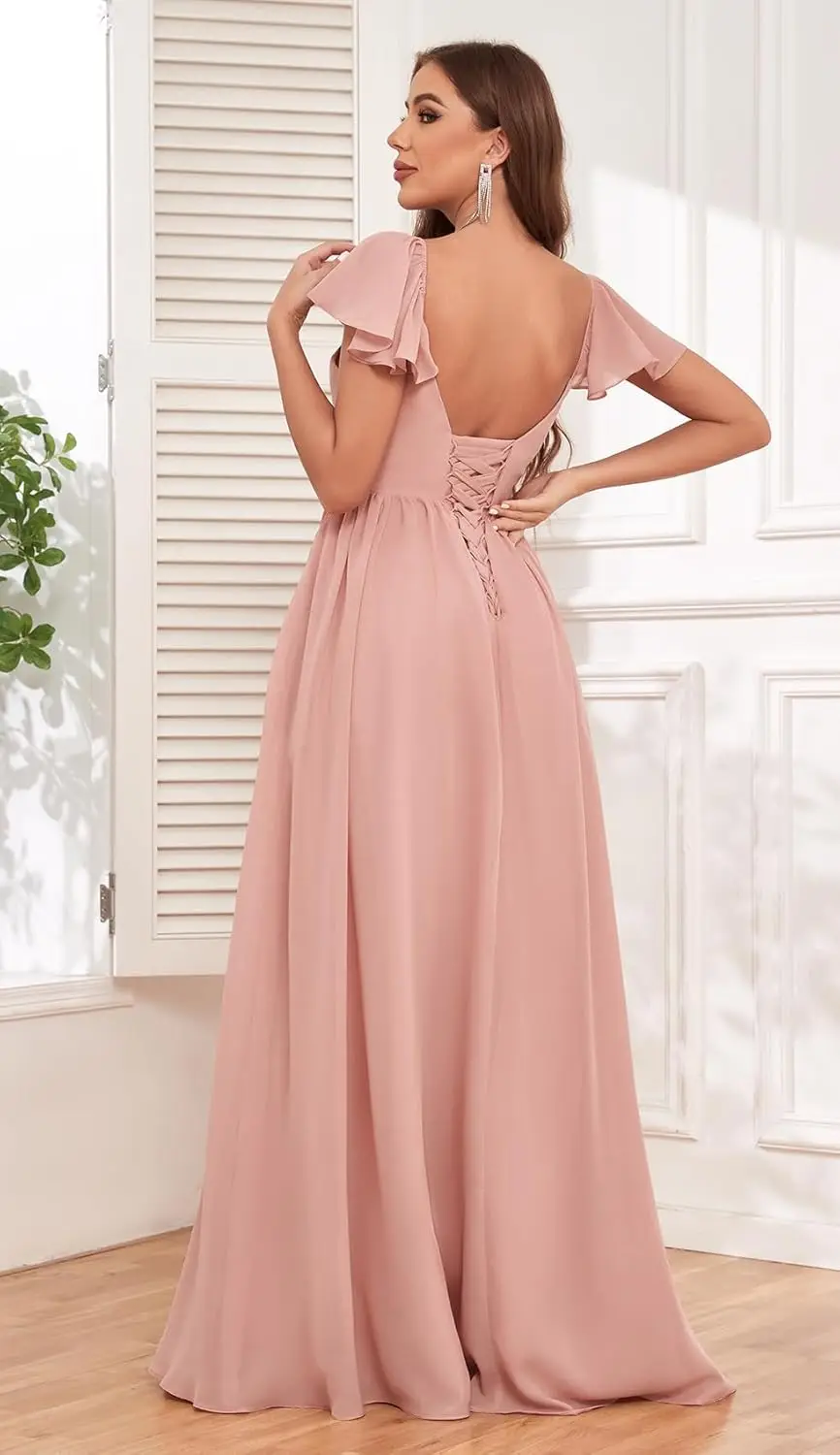 ชุดเพื่อนเจ้าสาวแบบยาวมีแขนสำหรับงานแต่งงาน ทรงเอไลน์ ผ้าชีฟองจับจีบ ชุดราตรีงานเลี้ยงอย่างเป็นทางการ มีกระเป๋า ชุดราตรีงานสำเร็จการศึกษา