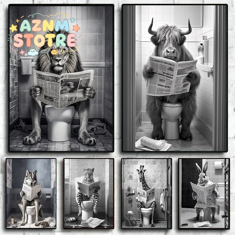 Funny Bathroom Lion Cow Sitting on Toilet Reading Newspaper Poster Modern Wall Art HD Picture Canvas Print For Room Home Deco