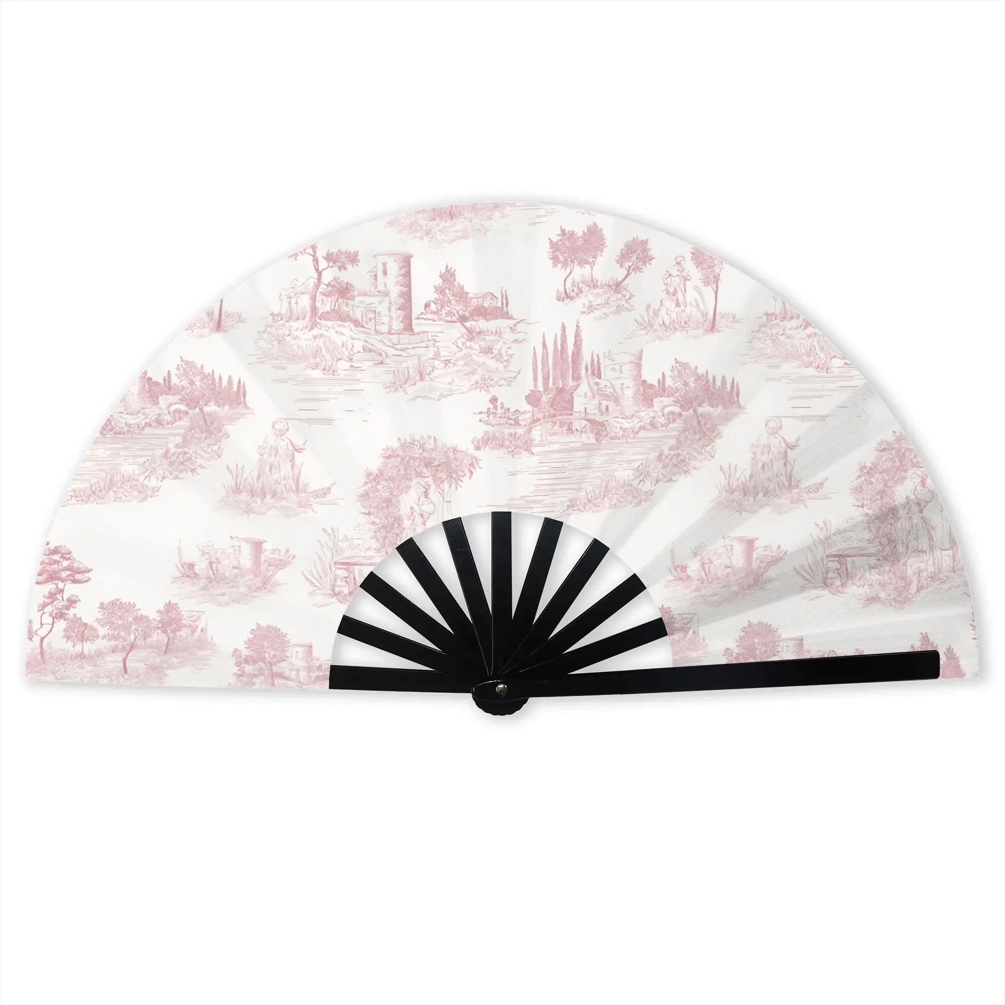 Vintage Toile De Jouy  Hand Fan Promotional Gift Event Souvenir Blush Pink White  Durable Folding Fans Unique Bulk Pack Fan