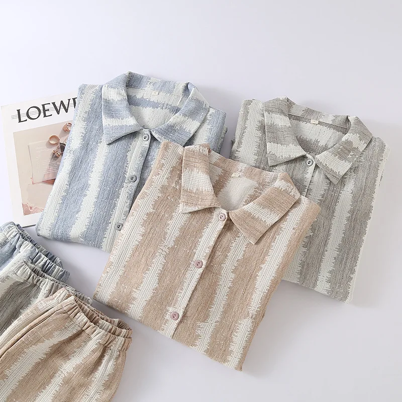 

Cotton Sleepwear Striped Printed Home Clothes Shirt Pants Summer Autumn Casual Wear Pajamas Set