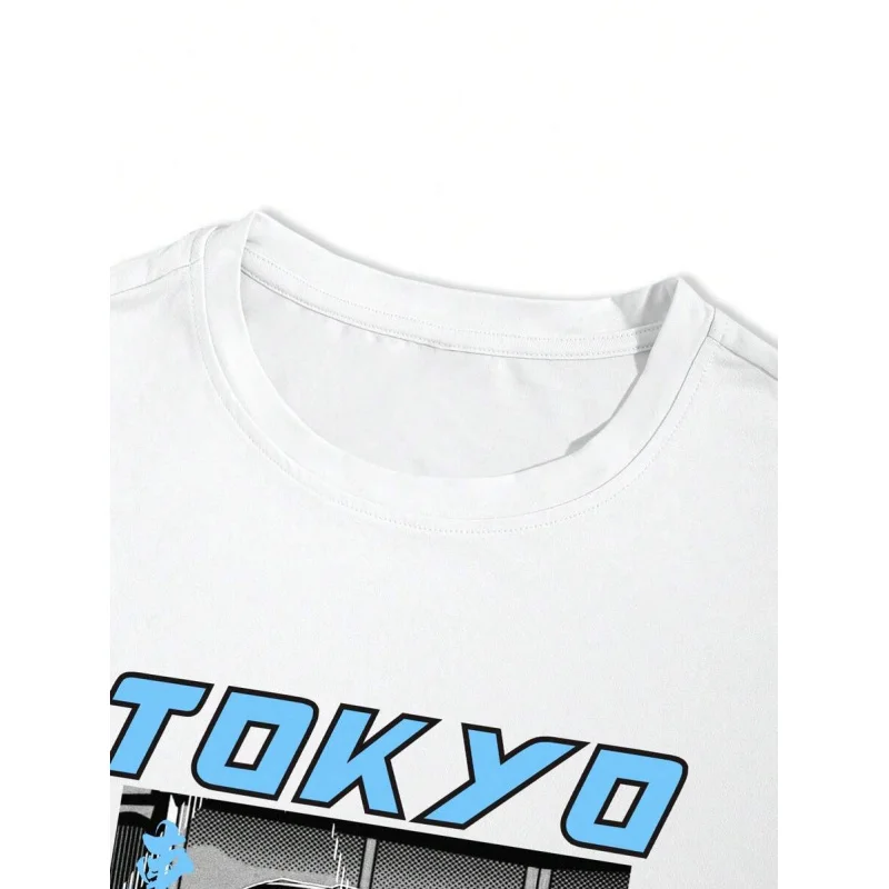 Men's Slogan & Car Print Crew Neck Short Sleeve Casual T-Shirt And Drawstring Waist Shorts Set Men S Two Pieces