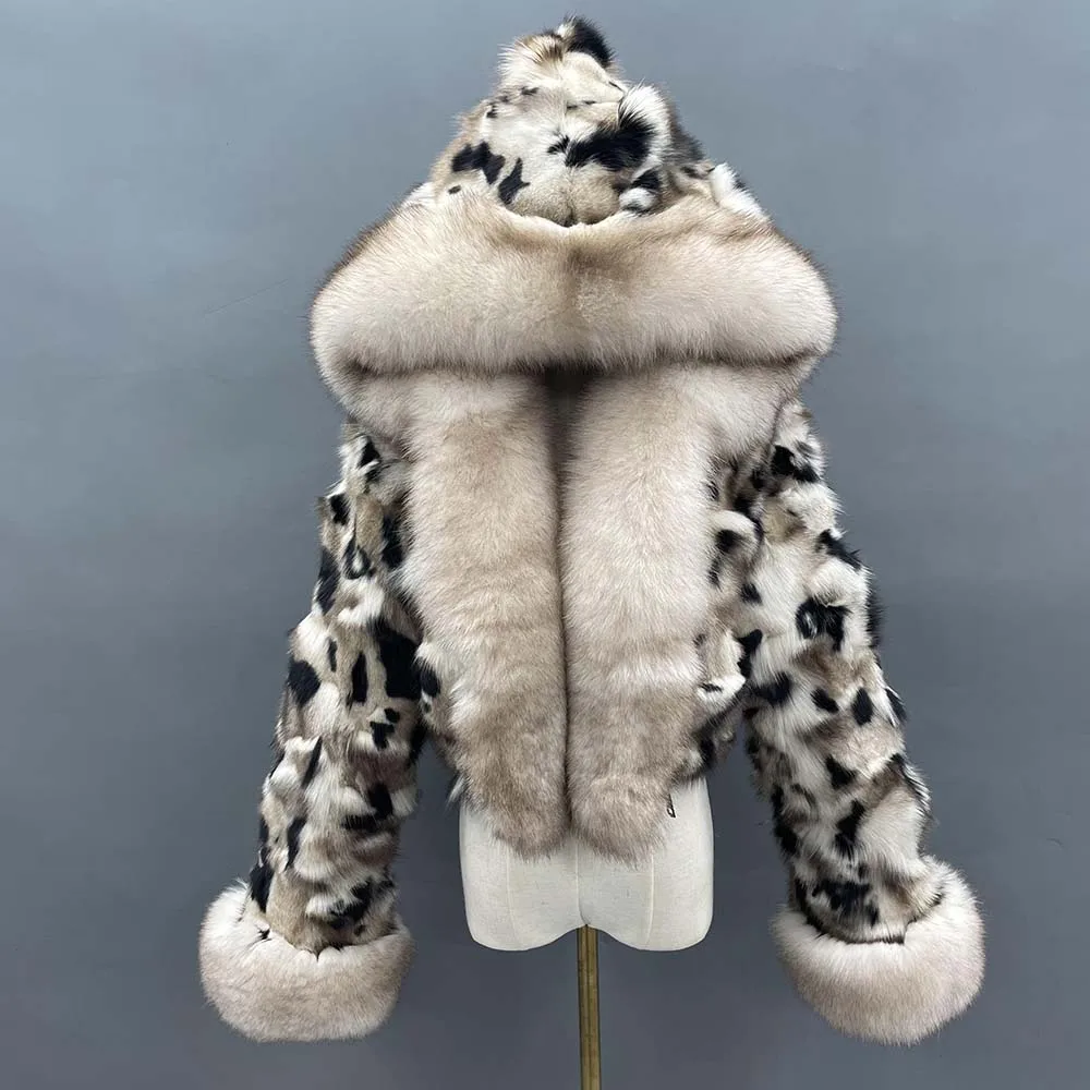 JANEFUR Fur Coat Women 2023 Fashion Crop Top with Hood Thick Warm Winter Real Fox Fur Jacket