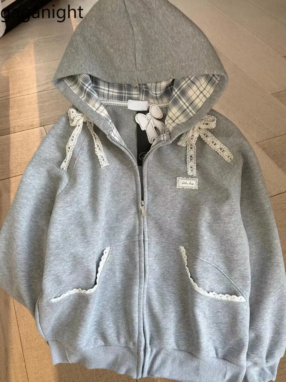 Gaganight Women Grey Bow Spliced Checkered Hooded Sweatshirt 2024 Autumn Winter New Loose Lazy Korean Chic Casual Female Jacket