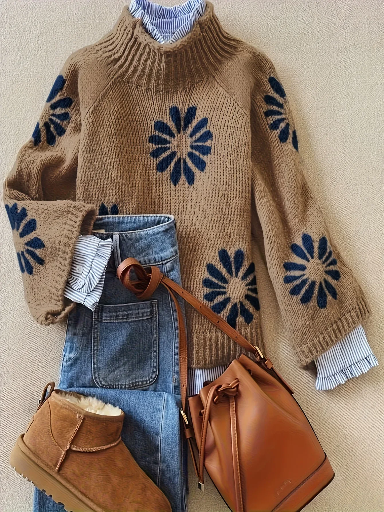 

Зимний женский вязаный свитер в рубчик с цветочным принтом, пуловер с длинными рукавами, осеннее новое поступление, трикотаж, повседневная уличная одежда