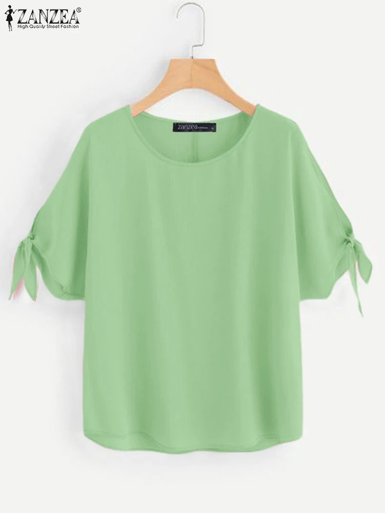 Zanzea Elegante Vrouwen Blouses Streetwear 2025, Zomer Mode Ronde Hals Gebonden Uitsparing Bladerdeeg Mouw Blusas Mujer Effen Kleur Tops