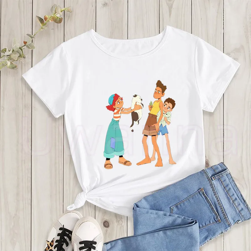 Luca and Friends Printed Graphic Tees Women T-Shirt Short Sleeve O-Neck Fashion Cartoon fish Tshirt Casual White Tops Female