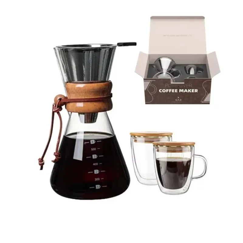 

Perborosilicate glass coffee pot with wooden collar hand dripper tool set