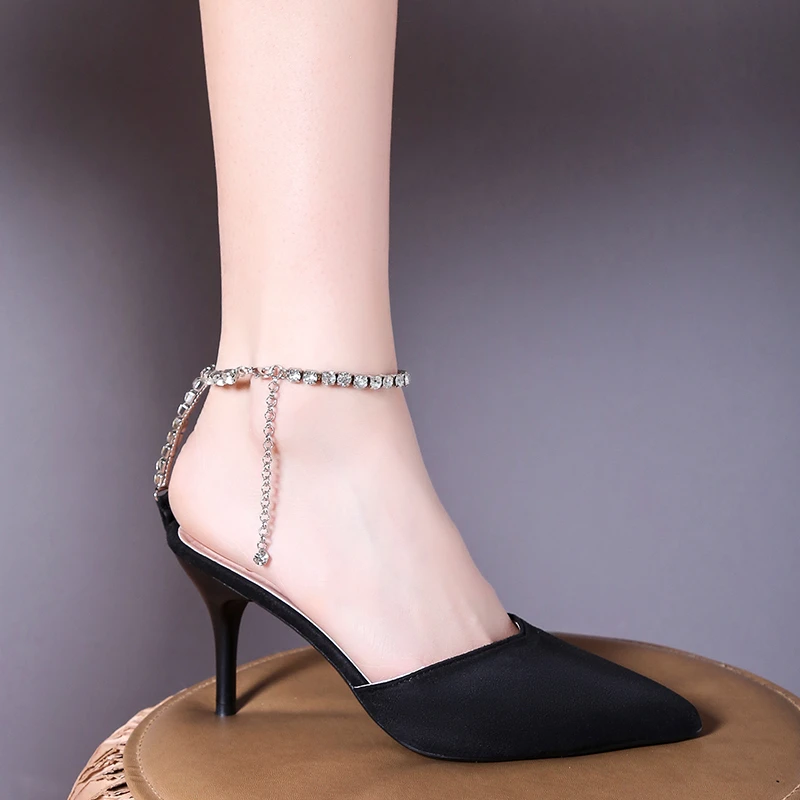 

Luxury Crystal Ankle Strap High Heel Pumps Pointed Toe Fuchsia Satin Style Dress Shoes Thin Heels Celebrating Wedding Shoes