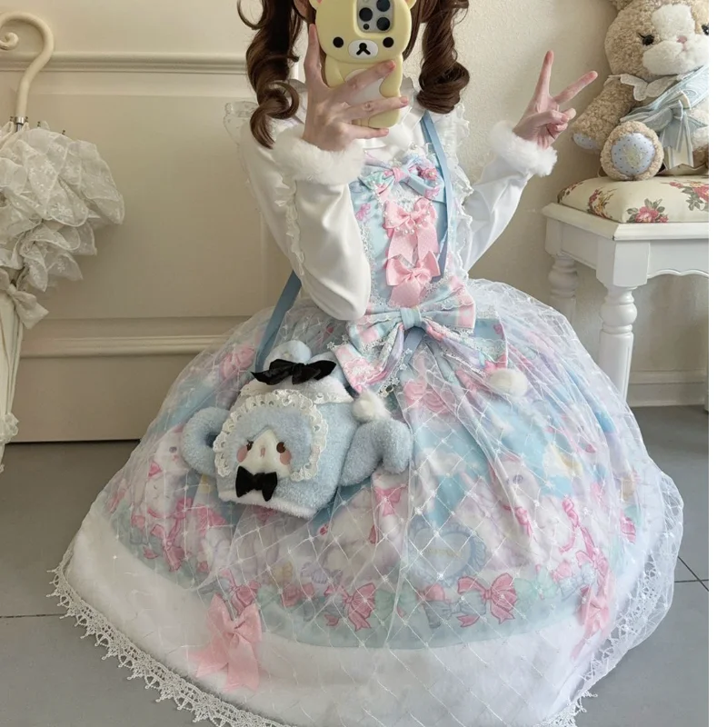 2025 japonés lindo niñas dulce vestido de tirantes de Lolita conjunto de capa invierno nuevo lindo arco de encaje vestido de fiesta de cumpleaños mujeres Lo Kawaii vestido