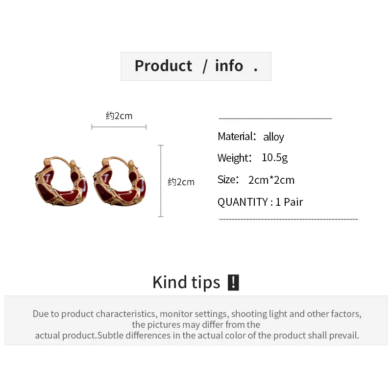 French Vintage Red Spot U-shaped Round Drping Oil Gold Plating Zircon Hoop Earrings for Women Temperament Charms Premium Jewelry image 6