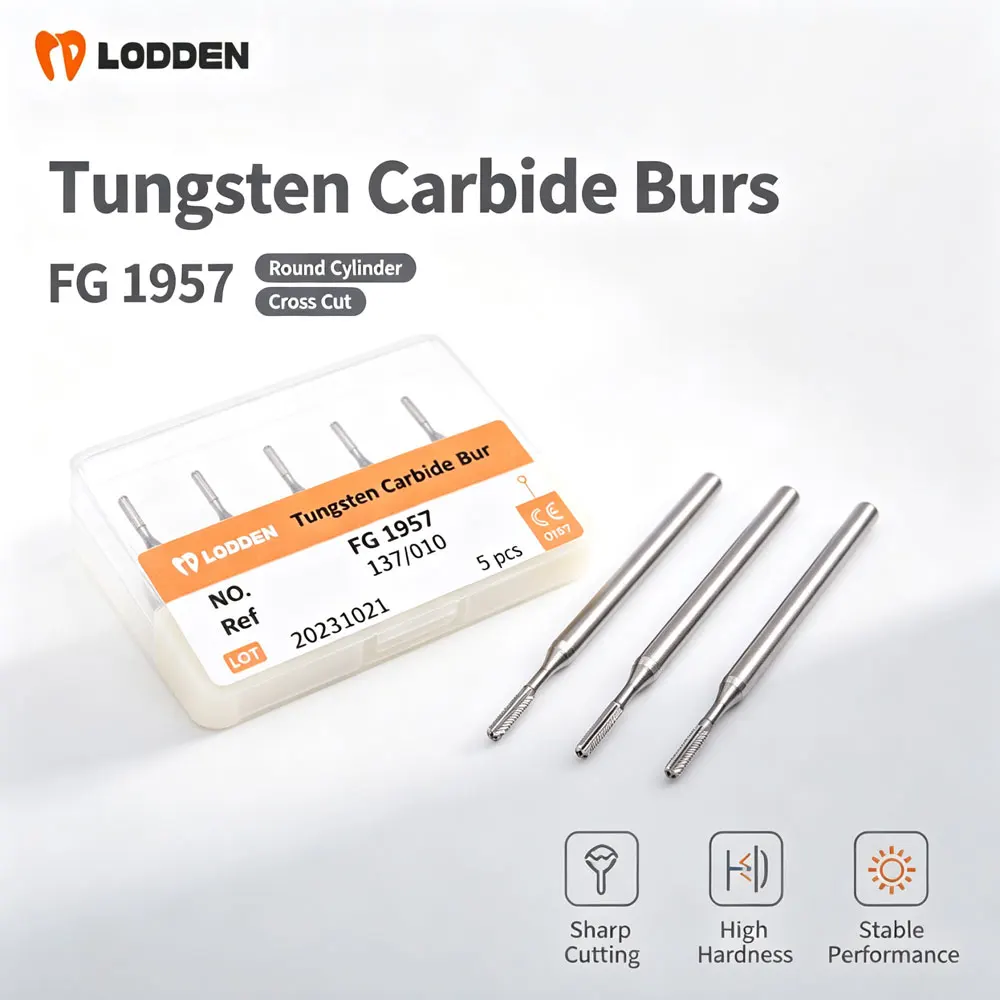 LODDEN 5pcs FG 1957 Dental Tungsten Carbide Burs Dentistry Grinding 1.6mm High Speed Round Cylinder Cross Cut Dentist Tools