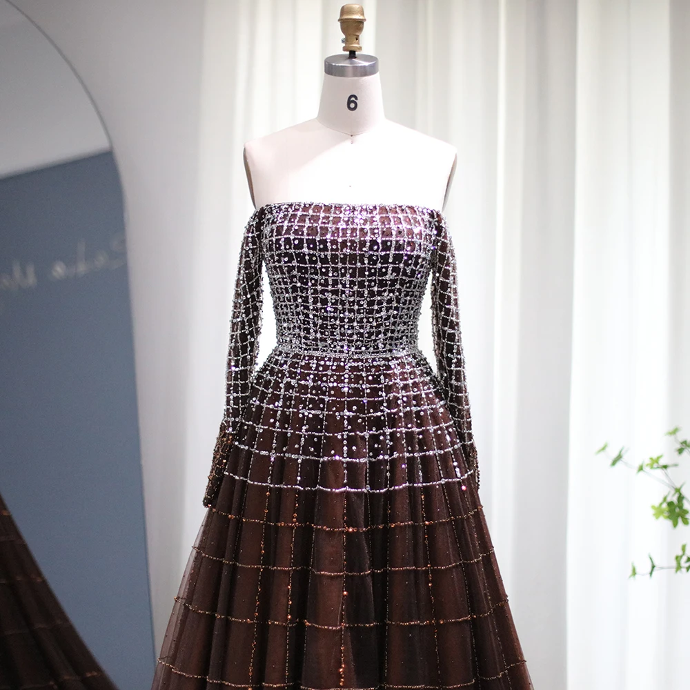 شارون سعيد فساتين سهرة فاخرة باللون البني بدون أكتاف بأكمام طويلة لحفلات الزفاف العربية فستان حفلات SS022 مخصص