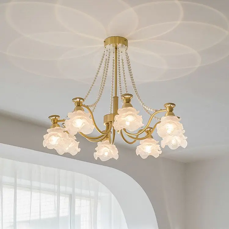 French Cream Style Bedroom Light, Retro Glass Pendant Light, American Living Room Light, Petal Shaped Master Bedroom Light