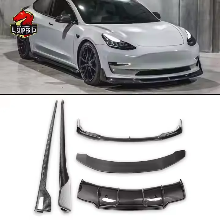 

V Style Body Kit for Teslas Model 3 Bodykit Carbon Fiber Front Lip Rear Diffuser Side Skirts Wing Spoiler