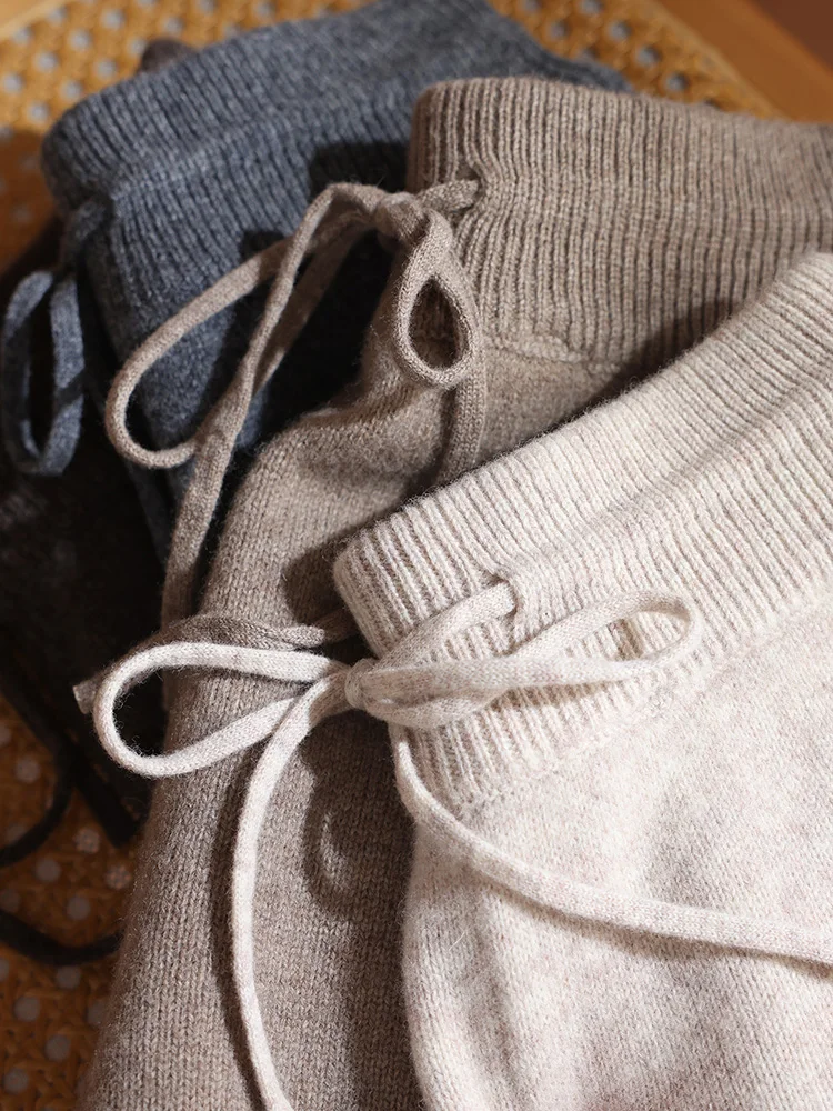 

100% Merino Wool Shorts Women's Drawstring Elastic Waist Short Pants Autumn Winter Casual Screw Thread Wool Shorts Solid Knitted