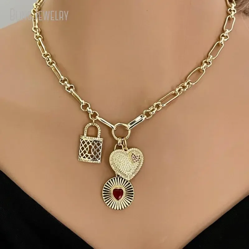 10pcs Multi Charm Necklace Specialty Chain Micro Pave Heart Ruby CZ Stone Sundial Charm Basketweave Lock Jewelry