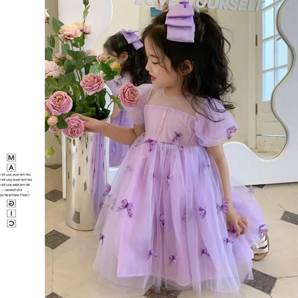 

2023 Easter Children Girl Summer Clothes Sleeveless Butterflies Applique Green Purple Kids Dresses for Girls for 4 To 5 Years