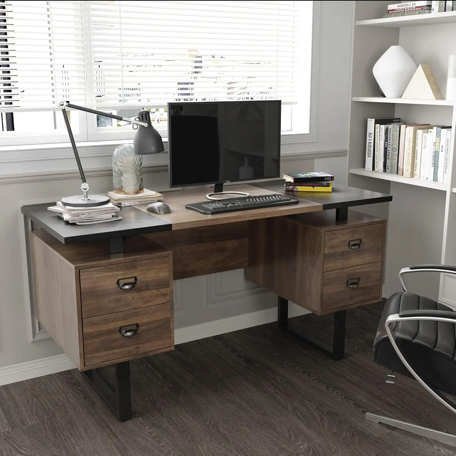 

59" L Home Office Desk with 4 Drawers Floating Desktop Metal Frame Vintage Black Walnut, Customized