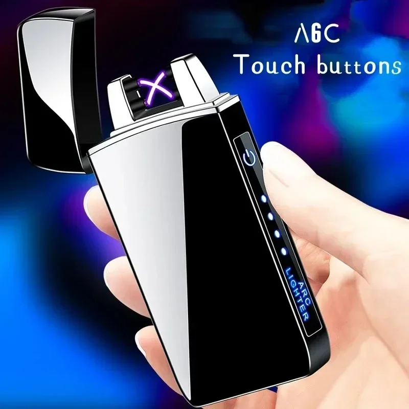 Metal Windproof Pulse Plasma Double Arc Lighter USB Charging Flameless Outdoor Cigar LED Display Electric Lighter Men's Gift