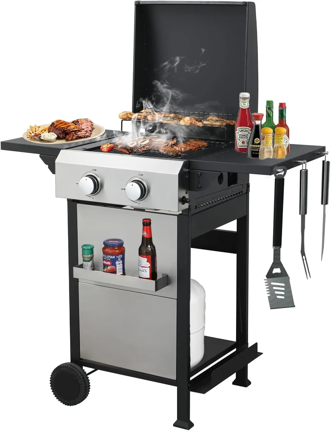 

2 Burner Outdoor Flat Top Griddle Grill Combo, 2 in 1 Propane Gas BBQ Grill w/Enameled Cast Iron Grids and Stainless Steel