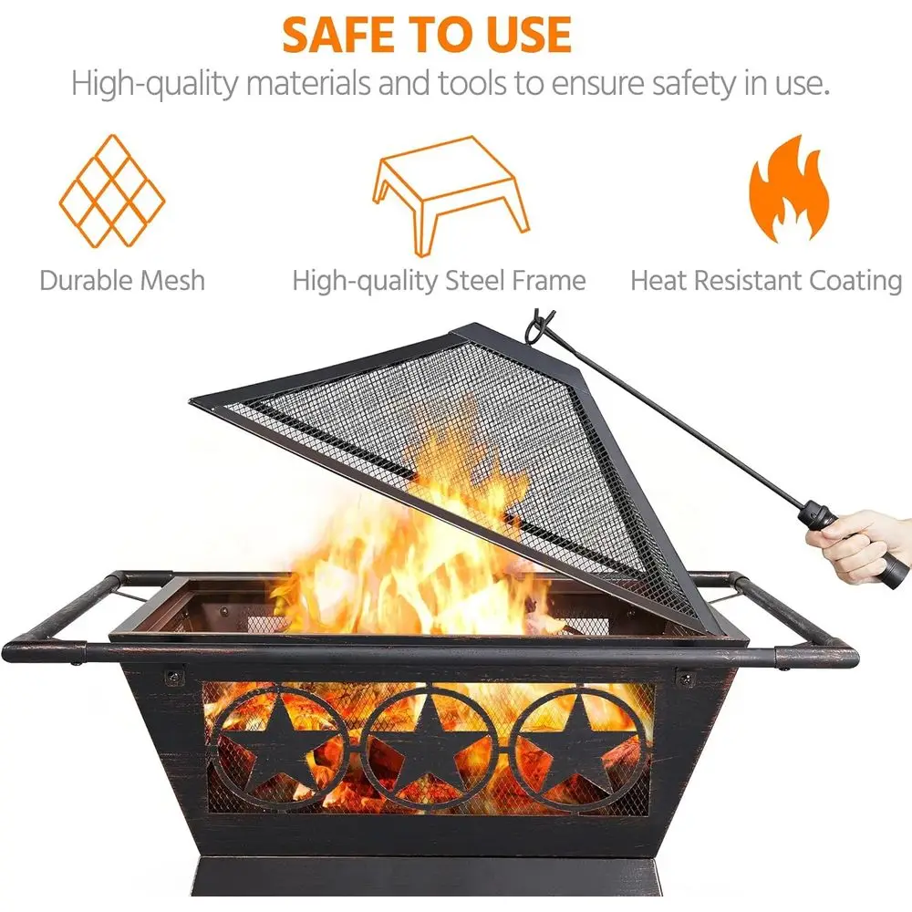 حفرة نار كبيرة مربعة لحرق الخشب في الهواء الطلق مع شاشة شرارة، غطاء شبكي، بوكر للفناء والشواء وحرائق التخييم #5