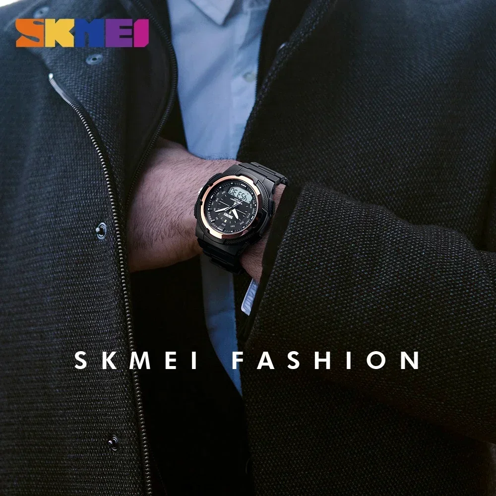 Skmei-relojes militares para hombre, pulsera de cuarzo con correa de PU, doble reloj electrónico para deportes al aire libre, 1454