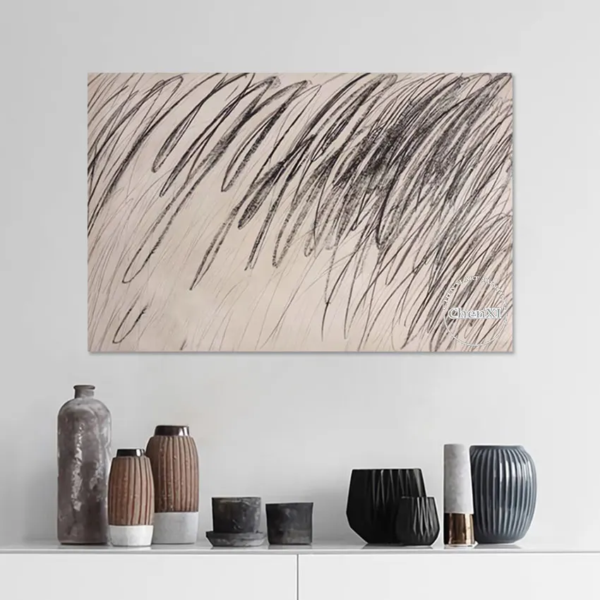 Abstract Big Size 100% Hand-painted Oil Painting Black Lines Artwork Modern Luxury Unframed Wall Picture Canvas Art Showpieces